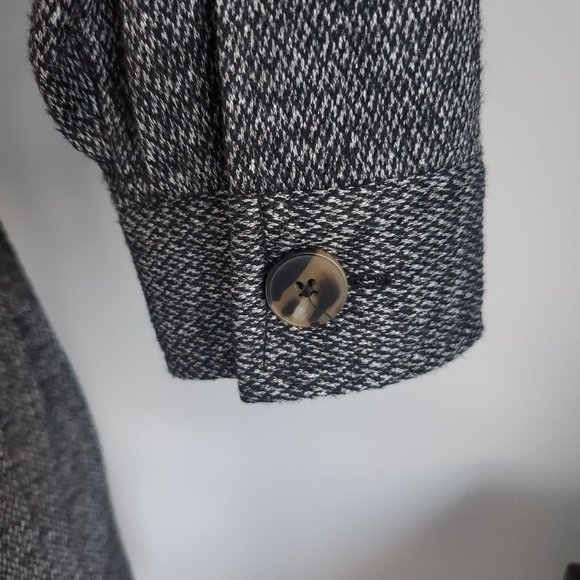 Tweed Style Fall Jacket Button Down Belted Heathered Grey Knit Pockets Cuffs - Picture 9 of 11